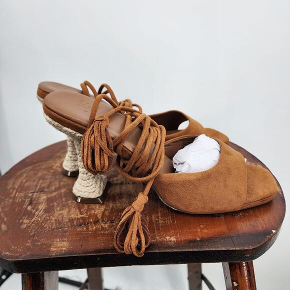 New NEW Ayesha Curry x JustFab Toni Ankle-Wrap Heeled Sandals in‎ Camel Size 7.5 - Picture 2 of 7
